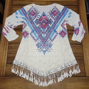 Reba LS White V-Neck Blouse w/ Aztec Print & Bling - Size Medium